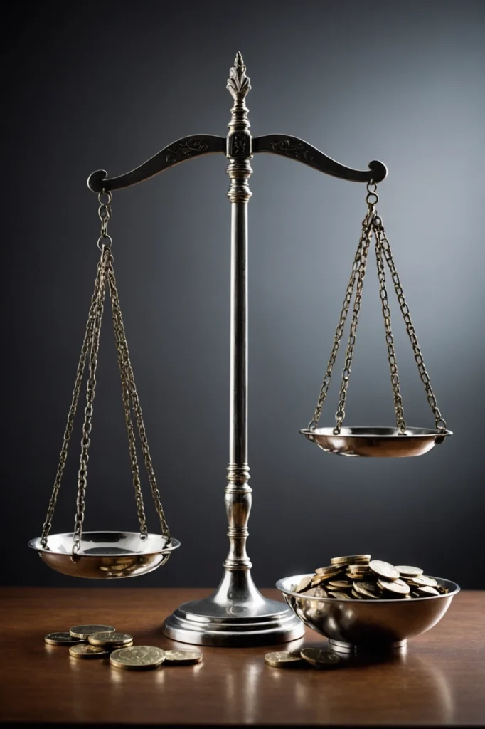 Eine klassische Waage steht unbenutzt auf einem Holztisch, und viele Münzen liegen daneben. So können klare Beweise für verfestigte Lebensgemeinschaft finanzielle Fairness schaffen und Streitigkeiten schnell beenden.
