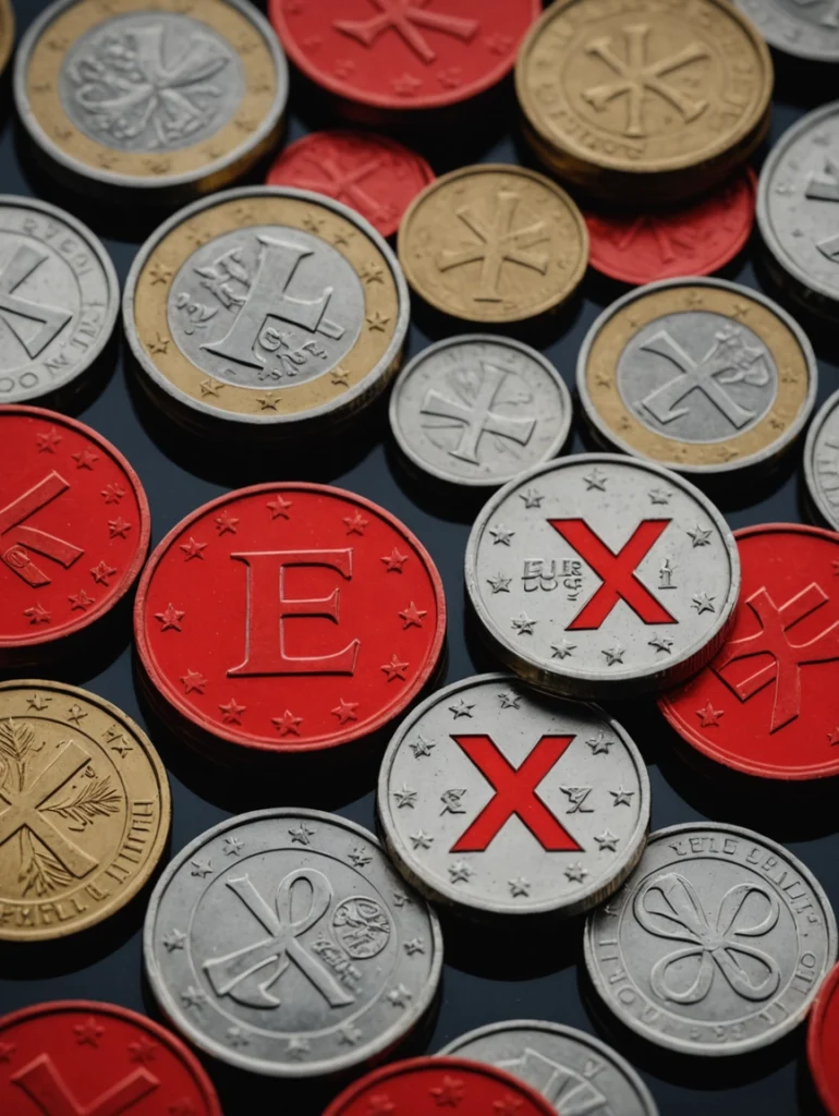 "Nahaufnahme von Münzen, die symbolisch die Kosteneffizienz und Ersparnisse bei der Beauftragung einer spezialisierten Detektei in München darstellen. Einige Münzen tragen ein rotes X, das durchgestrichene Kosten symbolisiert."