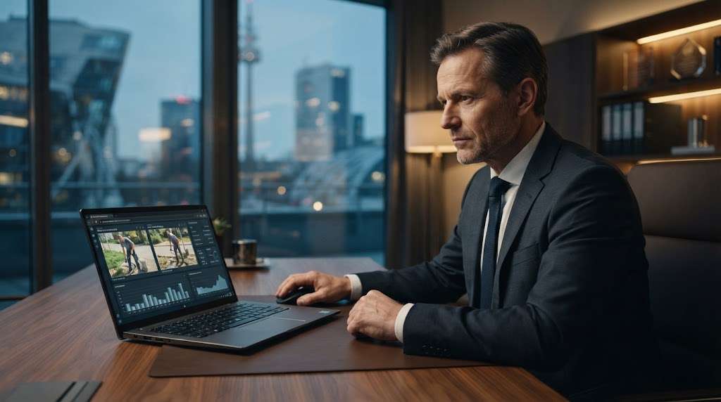 Geschäftsführer in einem modernen Büro prüft auf seinem Laptop Beweisfotos einer Observation, die das Krankfeiern und den Lohnfortzahlungsbetrug eines Mitarbeiters eindeutig nachweisen.