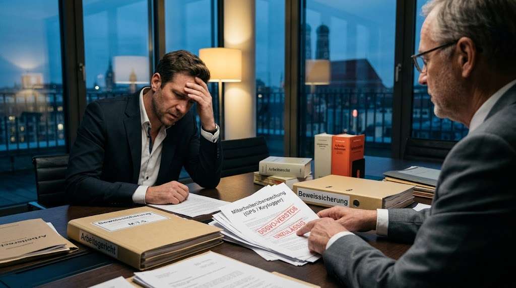 Ein besorgter Geschäftsführer sitzt mit seinem Rechtsbeistand oder Ermittler an einem Konferenztisch in einem Münchner Büro bei Nacht. Der Berater zeigt auf Unterlagen mit der Aufschrift „Mitarbeiterüberwachung (GPS / Keylogger)“, die mit „DSGVO-VERSTOSS“ und „UNZULÄSSIG“ rot markiert sind. Auf dem Tisch liegen Gesetzesbücher, Gerichtsdokumente sowie die Fallakte „Arbeitsgericht“. Symbolbild für die Gefahr von illegalen Ermittlungen und die Notwendigkeit, einen Verstoß gegen das Wettbewerbsverbot oder unerlaubte Tätigkeiten gerichtsverwertbar nachzuweisen.