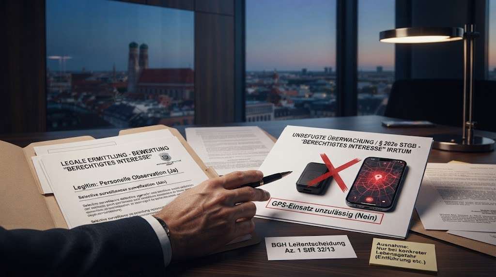Ein professioneller Schreibtisch in München bei Dämmerung, auf dem Dokumente den Kontrast zwischen legaler Observation und illegalem GPS-Tracking visualisieren. Ein rotes 'X' markiert einen GPS-Tracker und ein Smartphone mit Tracking-Karte als Verstoß gegen § 202e StGB.