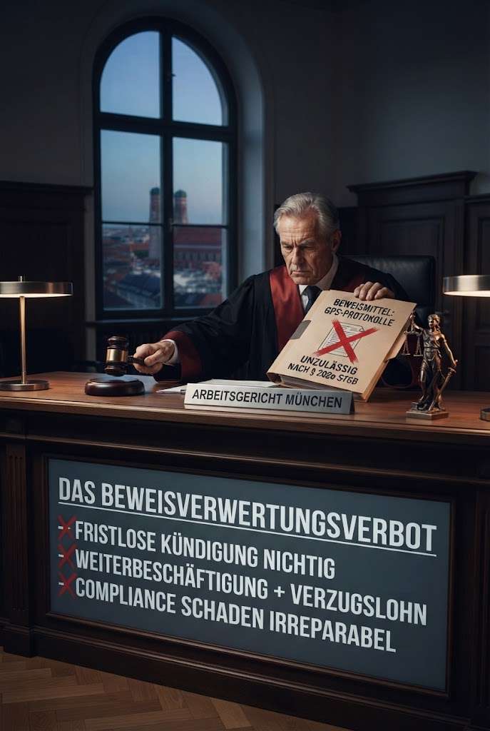 Ein Richter im Arbeitsgericht München hält eine Akte in der Hand, die GPS-Protokolle als unzulässig nach § 202e StGB kennzeichnet, während eine Anzeigetafel die arbeitsrechtlichen Folgen des Beweisverwertungsverbots auflistet.