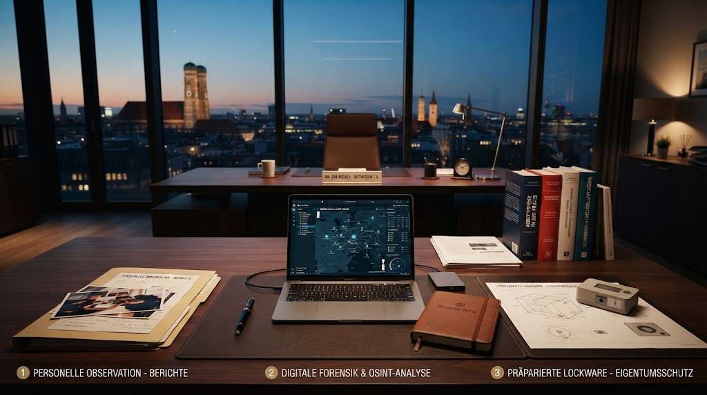 Ein professioneller, aufgeräumter Schreibtisch in einem modernen Münchner Büro bei Dämmerung. Im Vordergrund strukturieren eine Akte (Observation), ein Notebook (Digitale Forensik/OSINT) und ein technischer Nachweis (Lockware) die drei legalen Ermittlungsmethoden der Detektei M.T.S. Im Hintergrund die Skyline von München bei Abendlicht.