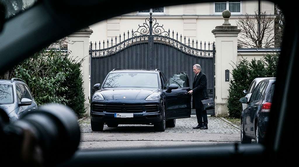 Verdeckte Observation aus der Perspektive eines Wirtschaftsdetektivs in München: Ein angeblich zahlungsunfähiger Mann steigt vor einer Villa in einen Luxus-SUV. Durch die gerichtsfeste Dokumentation des echten Lebensstandards lassen sich Beweise sichern und untergetauchte Schuldner finden.