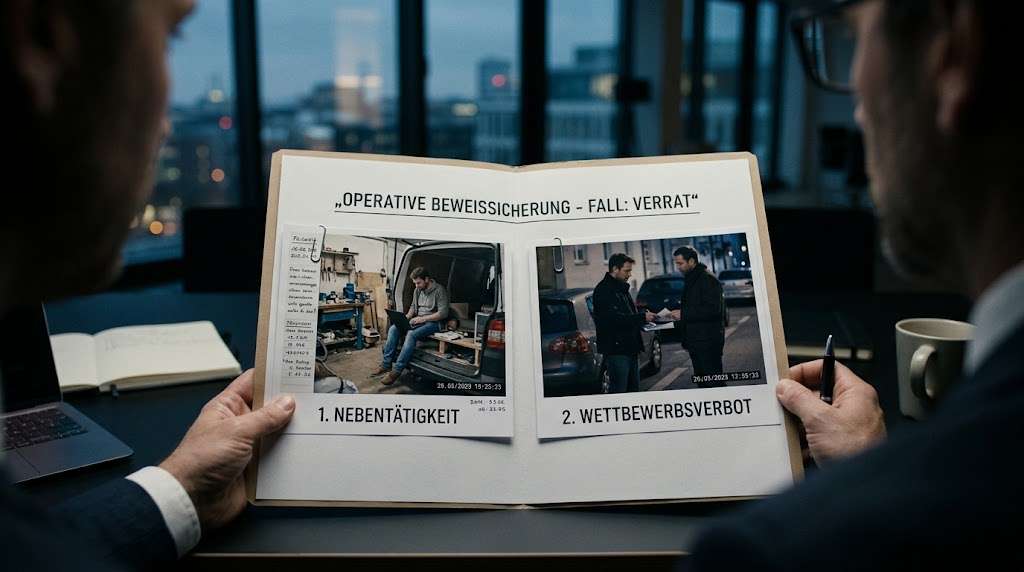 Zwei Geschäftspartner betrachten am Abend im Büro eine offene Ermittlungsakte mit dem Titel „OPERATIVE BEWEISSICHERUNG - FALL: VERRAT“. Die Akte zeigt Beweisfotos, eingeteilt in „1. NEBENTÄTIGKEIT“ (Überwachung einer Person in einer Werkstatt) und „2. WETTBEWERBSVERBOT“ (verdecktes Treffen im Freien). Symbolbild für Geschäftsführer und HR-Leiter, die gerichtsverwertbar eine unerlaubte Nebentätigkeit beweisen und einen Verstoß gegen das Wettbewerbsverbot nachweisen wollen. Pov-Perspektive über die Schultern.