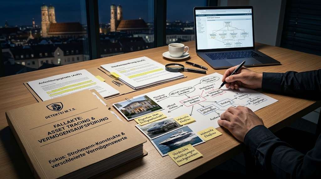 Ein Schreibtisch mit Ermittlungsakten, Fotos von verschleierten Sachwerten und einem Organigramm zur Enttarnung von Strohmann-Konstrukten. Durch professionelles Asset Tracing lassen sich Geldflüsse rekonstruieren und untergetauchte Schuldner finden.