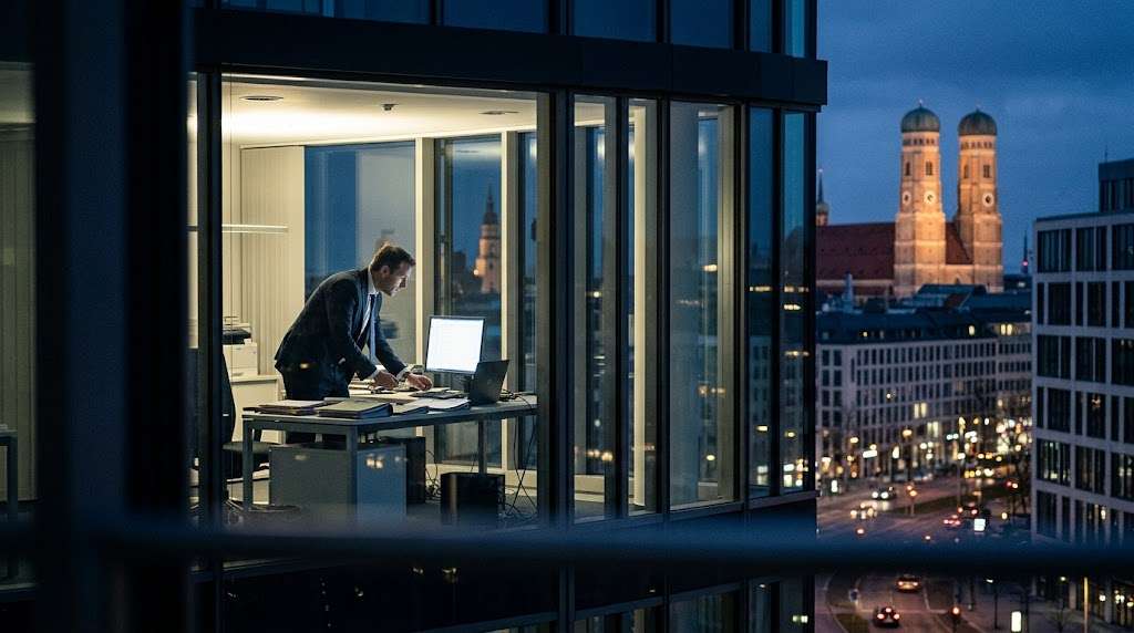 Nächtliche Observation in München: Ein Mann im Anzug beugt sich in einem beleuchteten Büro über einen Schreibtisch und arbeitet am Computer, beobachtet aus einer verdeckten Außenperspektive (Surveillance POV). Im Hintergrund ist die nächtliche Stadt mit der beleuchteten Frauenkirche zu sehen. Symbolbild, um einen unloyal Mitarbeiter oder einen Verstoß gegen das Wettbewerbsverbot gerichtsverwertbar nachzuweisen.