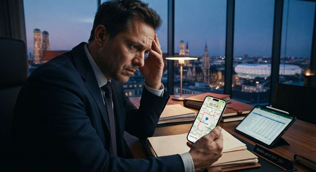 Besorgter Geschäftsführer im Münchner Büro überwacht heimlich die GPS-Ortung eines Firmenwagens auf dem Smartphone.