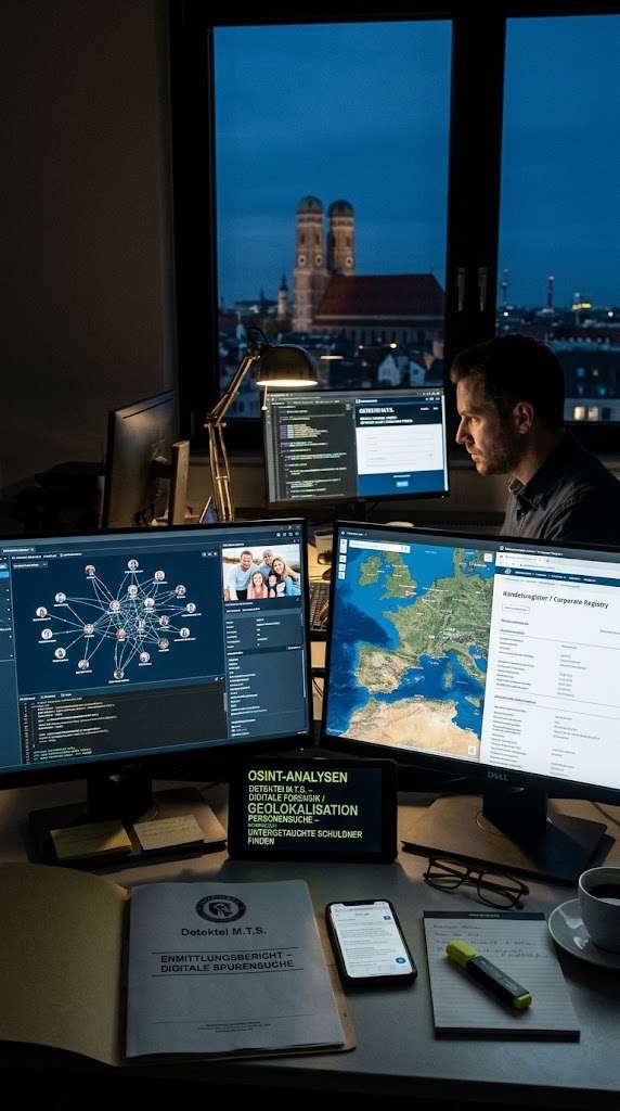 Ein Wirtschaftsdetektiv der Detektei M.T.S. in München wertet nachts an mehreren Monitoren Netzwerke und digitale Spuren aus. Durch OSINT-Recherchen und digitale Forensik lassen sich selbst im Ausland untergetauchte Schuldner finden.