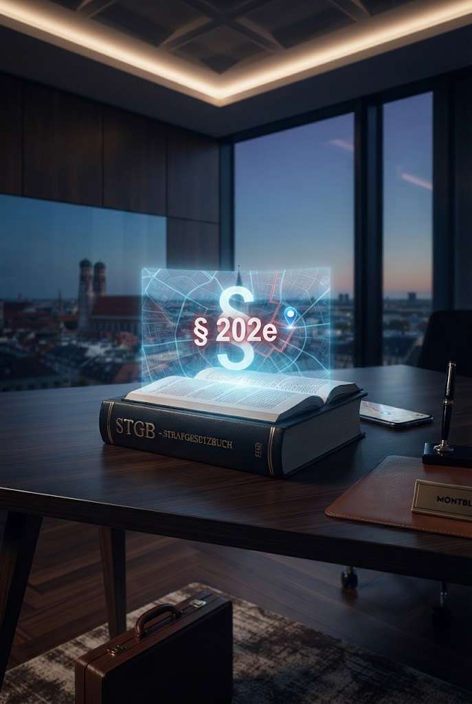 Ein professionelles, dunkles Foto zeigt das aufgeschlagene deutsche Strafgesetzbuch (STGB). Aus den Seiten steigt ein leuchtendes Hologramm auf, das einen Stadtplan mit GPS-Tracking und das prominent hervorgehobene Paragrafenzeichen § 202e darstellt.