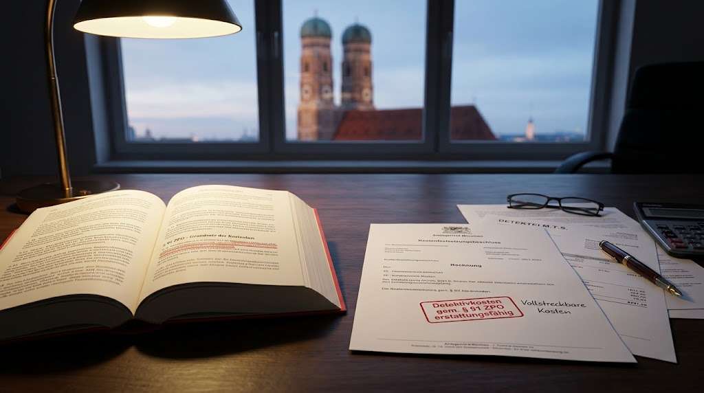 Aufgeschlagenes Gesetzbuch zur ZPO (§ 91) und ein Kostenfestsetzungsbeschluss des Amtsgerichts München auf einem Schreibtisch. Die Detektivkosten sind als notwendige Kosten der Rechtsverfolgung erstattungsfähig, wenn Gläubiger professionell untergetauchte Schuldner finden lassen.