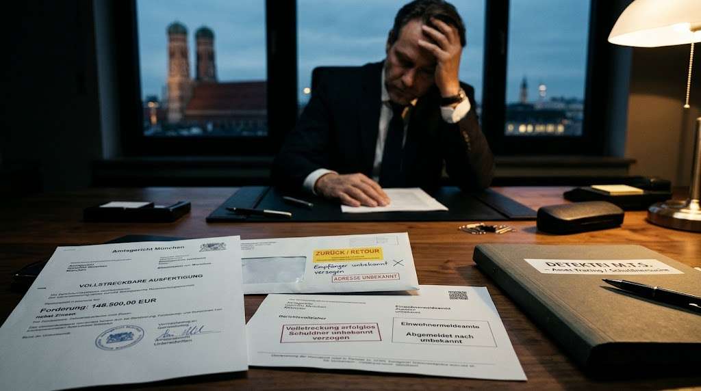 Ein frustrierter Gläubiger vor einem erfolglosen Vollstreckungstitel mit dem Vermerk 'unbekannt verzogen'. Daneben liegt eine Ermittlungsakte der Detektei M.T.S. – die professionelle Lösung, um untergetauchte Schuldner finden und Kapital sichern zu können.